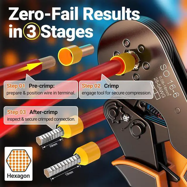 Alt view image 5 of 7 - Ferrule Crimping Tool Kit, Self-Adjustable Ratchet Crimper for AWG 28-5 Ferrules - Includes 1275PCS Hexagonal Double & Single Wire Connectors