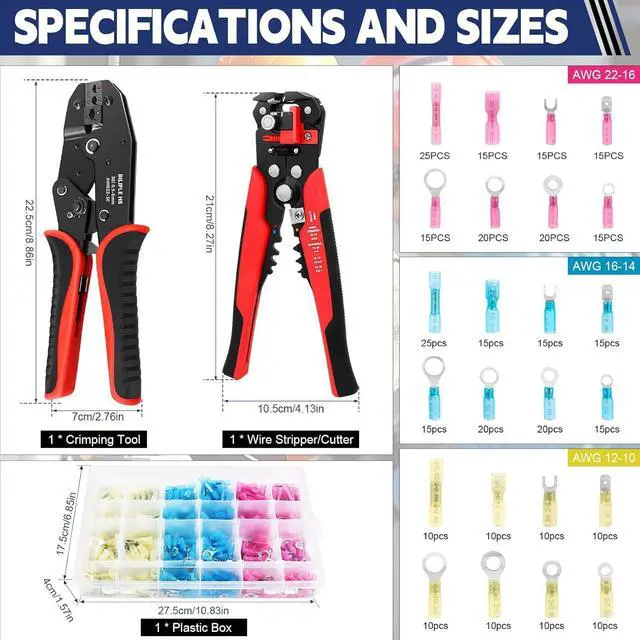 Alt view image 2 of 7 - Crimping Tool for Heat Shrink Connectors Set with 360pcs Waterproof Marine Grade Heat Shrink Wire Connectors AWG 22-10, Wire Stripper and Ratchet Terminal Crimper, Ideal for Home Electrical Repairs