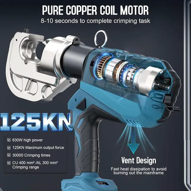 Alt view image 3 of 6 - Electric Hydraulic Crimping Tool, 12Ton 6AWG-800MCM Rechargeable Hydraulic Crimper for Cu/Al Terminal, Continuously Crimp Wire Cable Lug Crimping Tool Kit with 12 Dies (HCT-400A)