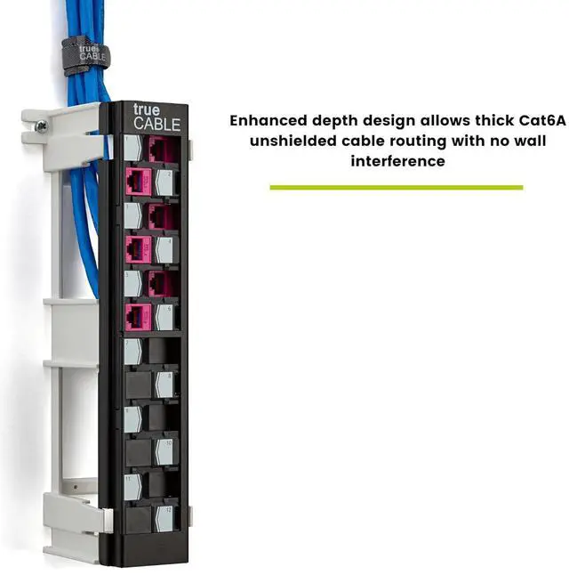 Alt view image 2 of 7 - Cat6A Unshielded 12-Port Blank Toolless Modular Keystone Patch Panel, 3-D Staggered Design, Wall Mount with 89D Bracket & Mounting Hardware, High Density, Cat5e & Cat6 Compatible, Black