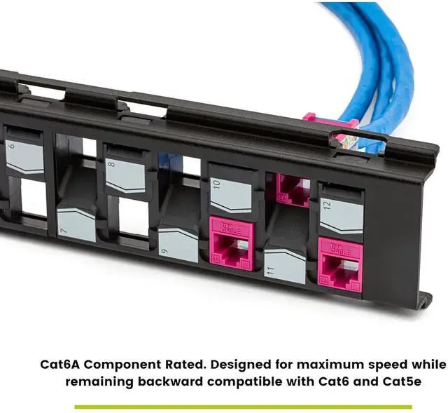 Alt view image 4 of 7 - Cat6A Unshielded 12-Port Blank Toolless Modular Keystone Patch Panel, 3-D Staggered Design, Wall Mount with 89D Bracket & Mounting Hardware, High Density, Cat5e & Cat6 Compatible, Black