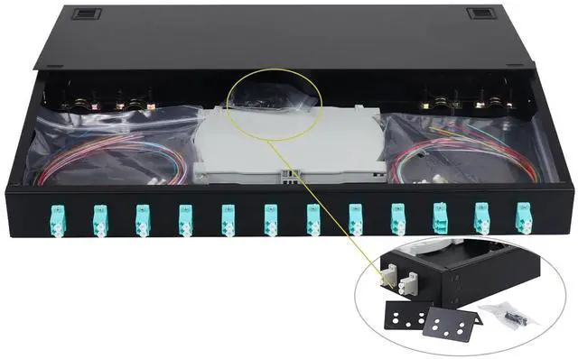Main image of 1 pack 24-Strand LC OM3 Multimode Fiber Optic Patch Panel | Rack Mount Enclosure with Splice Trays, LC UPC Couplers & Pigtails | Compatible with 19-Inch Network Rack Cabinets (12 Duplex Ports)