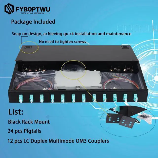 Alt view image 2 of 6 - 1 pack 24-Strand LC OM3 Multimode Fiber Optic Patch Panel | Rack Mount Enclosure with Splice Trays, LC UPC Couplers & Pigtails | Compatible with 19-Inch Network Rack Cabinets (12 Duplex Ports)