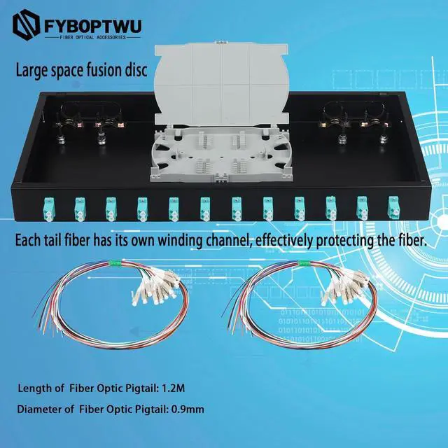 Alt view image 3 of 6 - 1 pack 24-Strand LC OM3 Multimode Fiber Optic Patch Panel | Rack Mount Enclosure with Splice Trays, LC UPC Couplers & Pigtails | Compatible with 19-Inch Network Rack Cabinets (12 Duplex Ports)