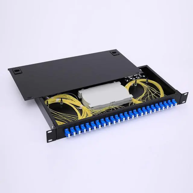 Main image of High-Performance 24 Duplex 48 Port LC-OS1 Rack Mount Fiber Enclosure Box Kit for SingleMode LC-UPC, 19" Cabinet - Includes 2 Splice Trays, 48 Strand Pigtail, 1M Cables, Spool, 24 Core LGX Patch Panel