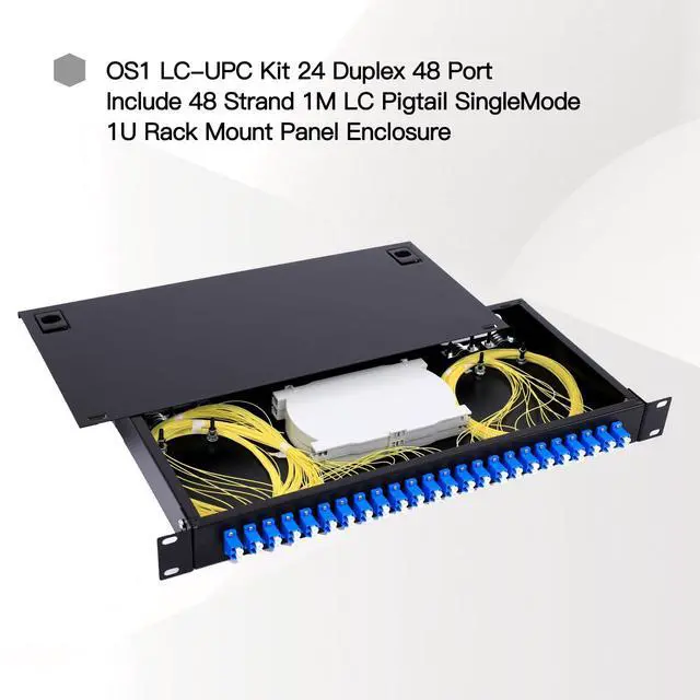 Alt view image 2 of 7 - High-Performance 24 Duplex 48 Port LC-OS1 Rack Mount Fiber Enclosure Box Kit for SingleMode LC-UPC, 19" Cabinet - Includes 2 Splice Trays, 48 Strand Pigtail, 1M Cables, Spool, 24 Core LGX Patch Panel