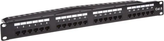 Main image of 24-Port Cat6 Unshielded UL Listed Patch Panel, 1U, 110/Dual IDC, with Wire Support Bar, Metal Front, PoE+ (TAA), T568A/B, 22-24 AWG, Gold Plated Contacts, Black