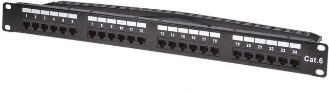 Alt view image 2 of 6 - 24-Port Cat6 Unshielded UL Listed Patch Panel, 1U, 110/Dual IDC, with Wire Support Bar, Metal Front, PoE+ (TAA), T568A/B, 22-24 AWG, Gold Plated Contacts, Black