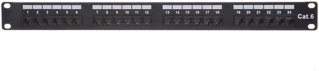 Alt view image 3 of 6 - 24-Port Cat6 Unshielded UL Listed Patch Panel, 1U, 110/Dual IDC, with Wire Support Bar, Metal Front, PoE+ (TAA), T568A/B, 22-24 AWG, Gold Plated Contacts, Black