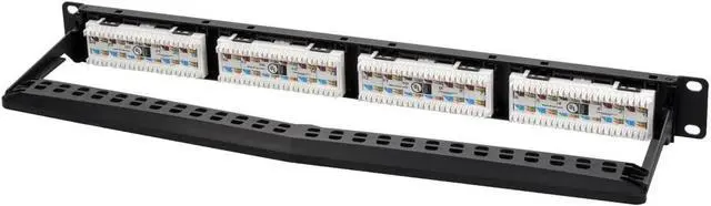 Alt view image 4 of 6 - 24-Port Cat6 Unshielded UL Listed Patch Panel, 1U, 110/Dual IDC, with Wire Support Bar, Metal Front, PoE+ (TAA), T568A/B, 22-24 AWG, Gold Plated Contacts, Black
