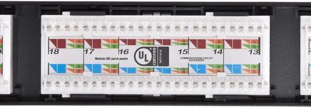 Alt view image 6 of 6 - 24-Port Cat6 Unshielded UL Listed Patch Panel, 1U, 110/Dual IDC, with Wire Support Bar, Metal Front, PoE+ (TAA), T568A/B, 22-24 AWG, Gold Plated Contacts, Black