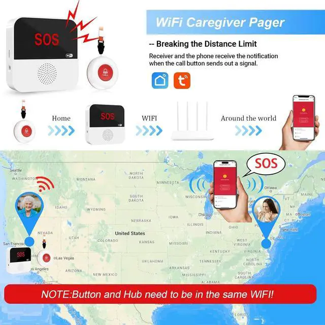 Alt view image 4 of 7 - WiFi Rechargable Smart Wireless Caregiver Call Button Nurse Calling Life Emergency Alert System for Seniors Elderly Patient Disabled Kids 3 SOS Panic Buttons 1 Receiver (only Supports 2.4GHz Wi-Fi)