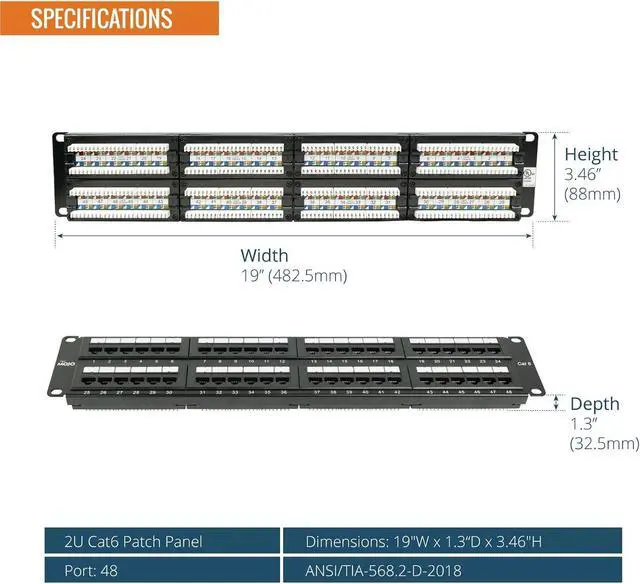 Alt view image 2 of 6 - 48 Port Patch Panel, Cat6 Patch Panel, 2U Patch Panel, Network Patch Panel for 19 inch Rack Mount equipments,10G Support, Unshielded
