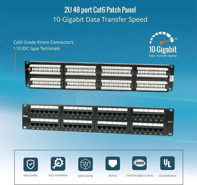 Alt view image 3 of 6 - 48 Port Patch Panel, Cat6 Patch Panel, 2U Patch Panel, Network Patch Panel for 19 inch Rack Mount equipments,10G Support, Unshielded