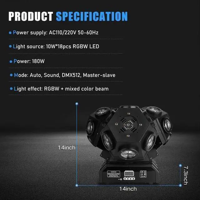Alt view image 5 of 6 - Moving Head DJ Lights, LED RGBW Rotation Disco Light DJ Lights with DMX Auto Control, Stage Lights DJ Lighting Sound Activated Party Lights for Party Disco Club Stage Lighting Christmas