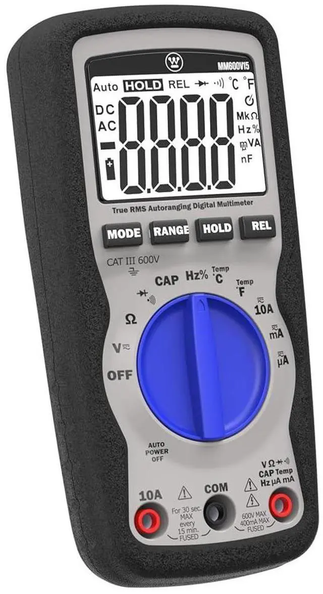 Main image of 600V True RMS Auto-Ranging Multimeter with Large Screen and Relative Mode; Measures Voltage Current Resistance Capacitance Frequency Temperature; Incl. Case and 2-Year Warranty.