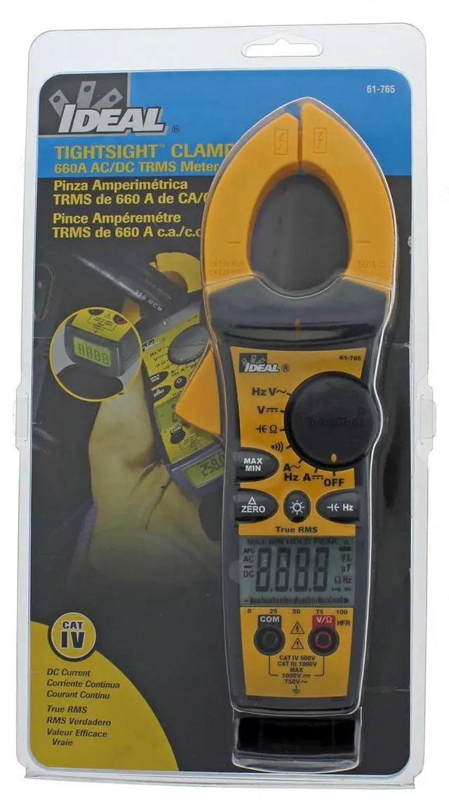 Alt view image 5 of 7 - IDEAL Electrical 61-765 660 Amp TightSight Clamp Meter AC/DC with TRMS, True RMS Current and Voltage, CATIII for 1000v, CATIV for 600v,Yellow