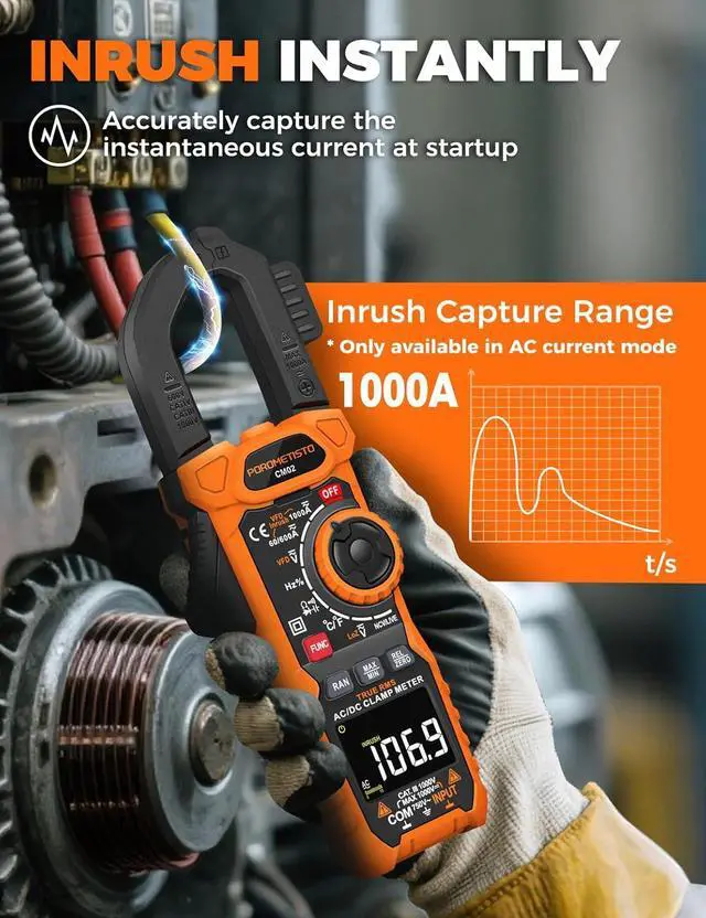 Alt view image 4 of 7 - Clamp Meter  Digital Inrush Clamp Multimeter 1000A TRMS 6000 Counts, Amp Voltage Tester with VFD, LOZ ModeMeasures AC/DC Current Voltage NCV Temperature Resistance Capacitance Frequency