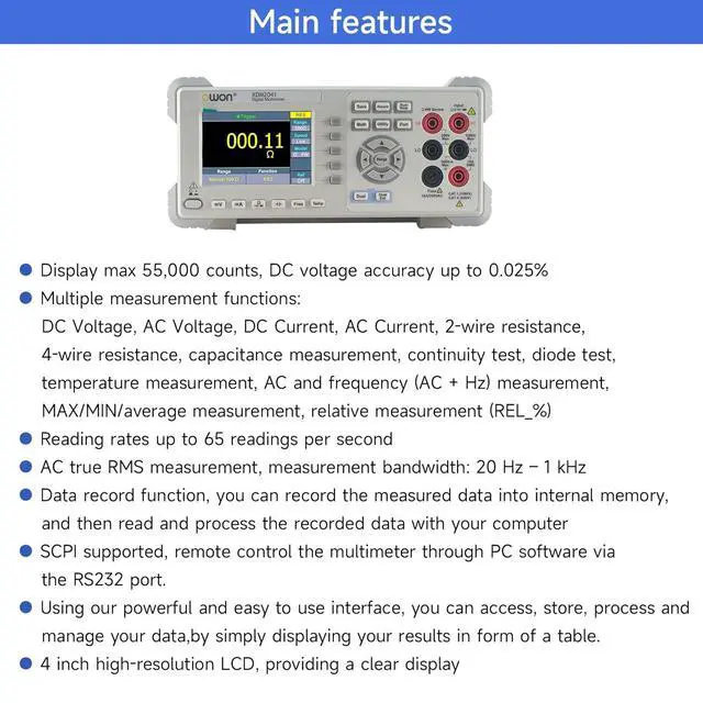 Alt view image 2 of 6 - Digital Multimeter AC DC Current Voltage 3.7in Screen True RMS 55000 CountsDC Voltage Accuracy up to 0.025%2 Line Display Desktop Type XDM2041