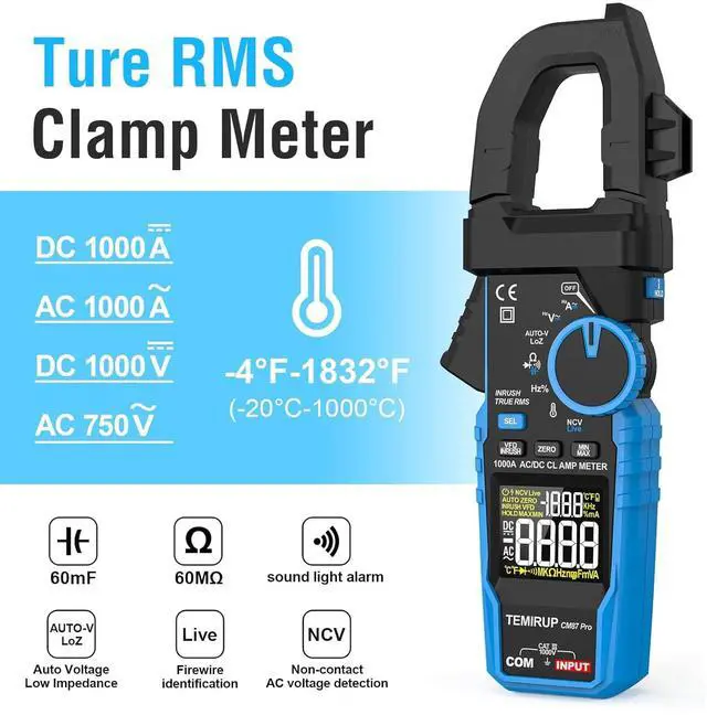 Alt view image 2 of 7 - Inrush Digital Clamp Meter Multimeter -  T-RMS 6000 Counts 1000A Amp Voltage Tester with VFD, LOZ, Measures NCV, AC/DC Voltage Current, Continuity Capacitance Frequency Resistance, Temperature