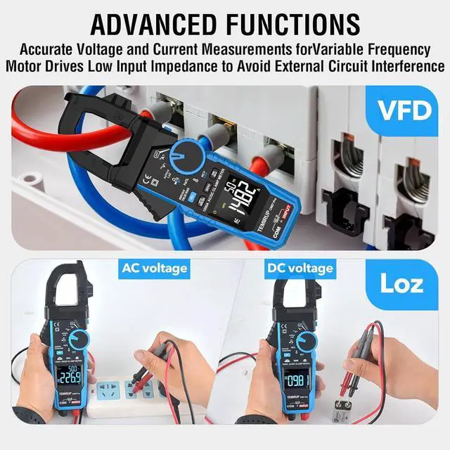 Alt view image 6 of 7 - Inrush Digital Clamp Meter Multimeter -  T-RMS 6000 Counts 1000A Amp Voltage Tester with VFD, LOZ, Measures NCV, AC/DC Voltage Current, Continuity Capacitance Frequency Resistance, Temperature