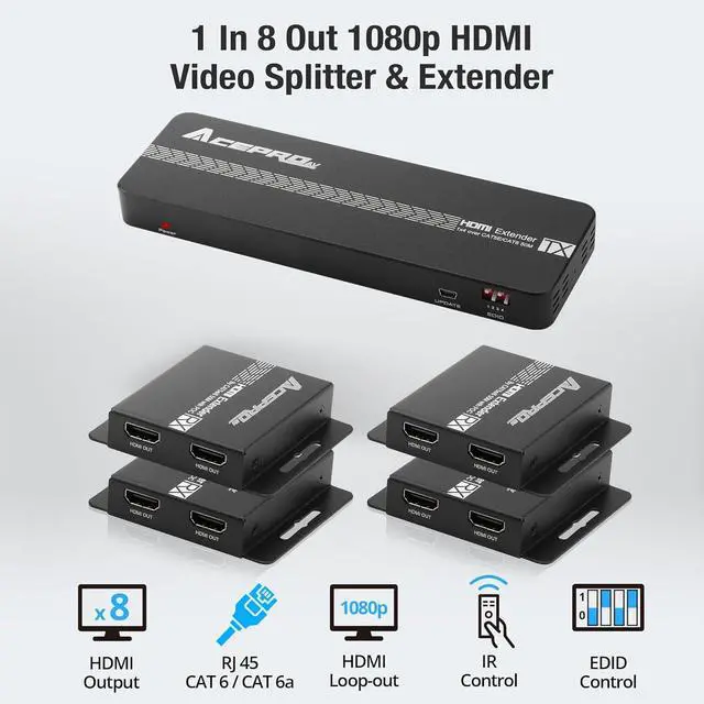 Alt view image 4 of 7 - 1080P 1x8 (4 Receivers) HDMI Splitter Over Cat6 Extender up to 164 Feet (50 Meters) for 8 Monitors and 1 Loop-Out Monitor (1 in 8 Out), IR Control and EDID Function