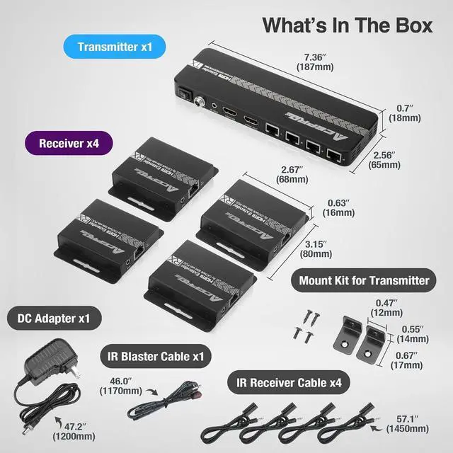Alt view image 6 of 7 - 1080P 1x8 (4 Receivers) HDMI Splitter Over Cat6 Extender up to 164 Feet (50 Meters) for 8 Monitors and 1 Loop-Out Monitor (1 in 8 Out), IR Control and EDID Function