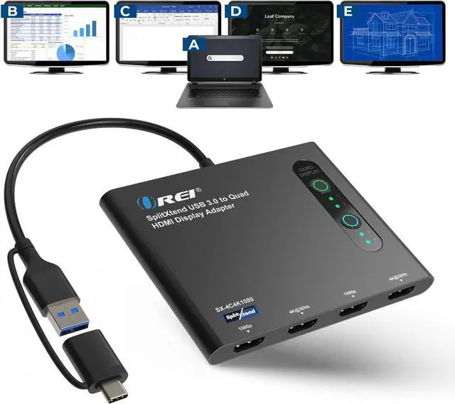 Main image of SplitExtend HDMI Splitter Extended Display for Quad Monitor - Multi-Monitor Display 5 Separate Screens - USB-C Adapter to HDMI 2.0, 4K@30Hz Outputs - Windows and Mac Compatible