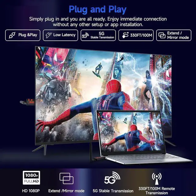 Alt view image 2 of 6 - 2025 Upgraded Wireless HDMI Transmitter and Receiver, 330FT/100M,4K Decode 1080P Output,Plug & Play Portable 2.4G/5G Wireless HDMI Extender Kit for Desktop,PC,TV Box, PS5/4 to TV/Monitor/Projector