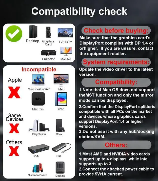 Alt view image 5 of 7 - DisplayPort to Dual HDMI Splitter and DP Adapter 4K@60Hz, DP Source to 2 HDMI and DisplayPort Adapter 1 in 3 Out Splitter Extended Display with PC, Graphics Card, Lenovo, HP and More