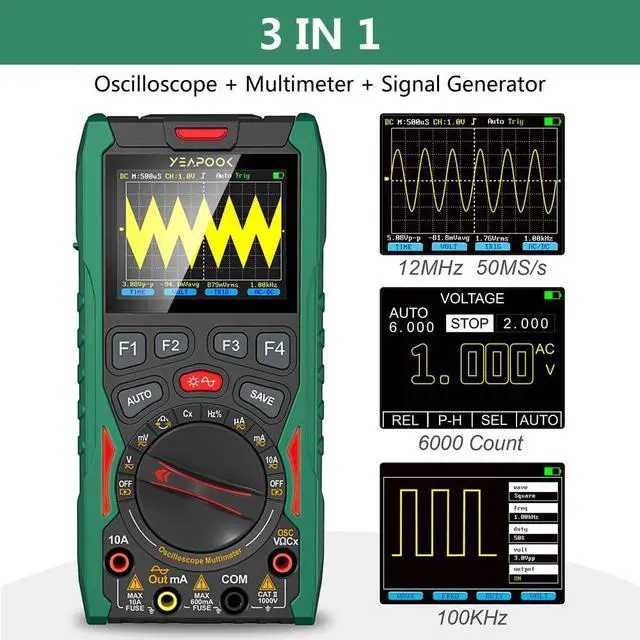 Alt view image 2 of 7 - 3 in 1 Handheld Digital Oscilloscope Multimeter Portable Oscilloscopes, 12MHz Bandwidth, 50MSa/s Sampling Rate with Multimeter and Signal Generator (YP101A)