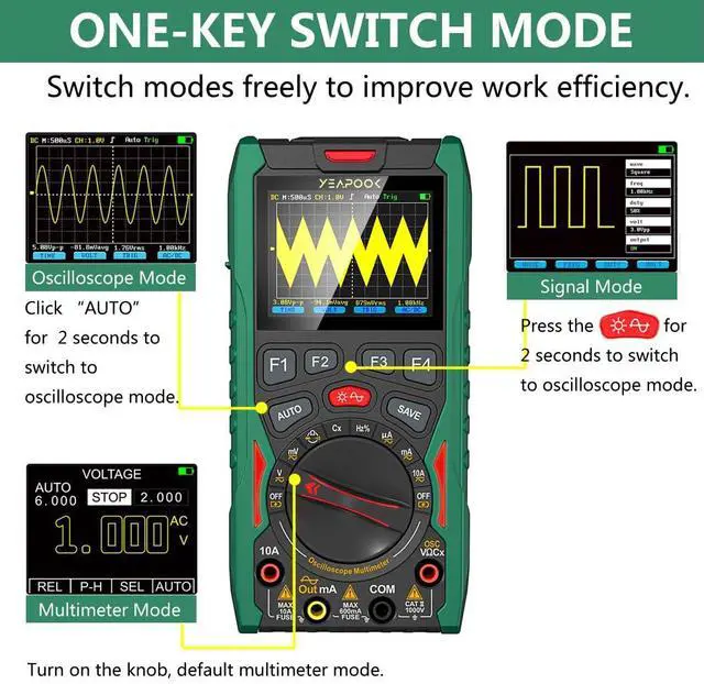 Alt view image 3 of 7 - 3 in 1 Handheld Digital Oscilloscope Multimeter Portable Oscilloscopes, 12MHz Bandwidth, 50MSa/s Sampling Rate with Multimeter and Signal Generator (YP101A)
