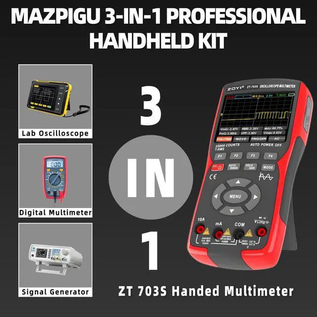 Alt view image 2 of 7 - ZT-703S 3 in 1 Handheld Oscilloscope Automotive Dual Channel 50MHz with Digital Multimeter and Signal Generator, 3400mAh for Electronics/Education