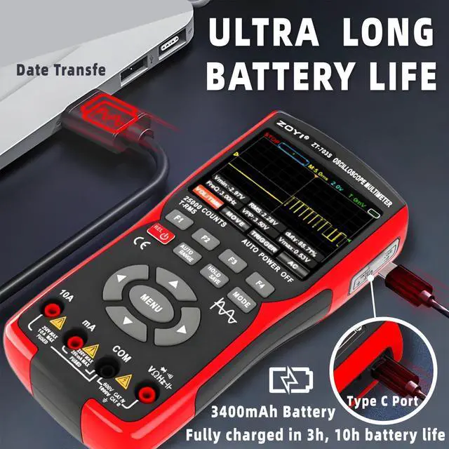 Alt view image 6 of 7 - ZT-703S 3 in 1 Handheld Oscilloscope Automotive Dual Channel 50MHz with Digital Multimeter and Signal Generator, 3400mAh for Electronics/Education
