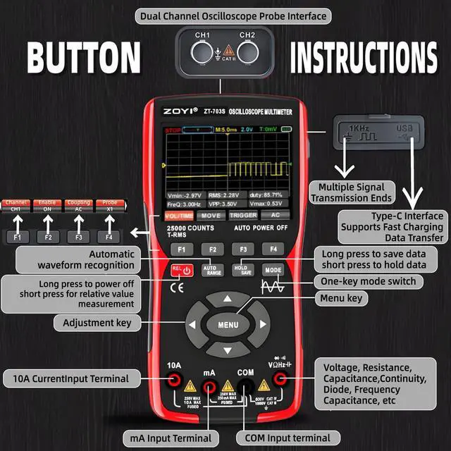 Alt view image 7 of 7 - ZT-703S 3 in 1 Handheld Oscilloscope Automotive Dual Channel 50MHz with Digital Multimeter and Signal Generator, 3400mAh for Electronics/Education