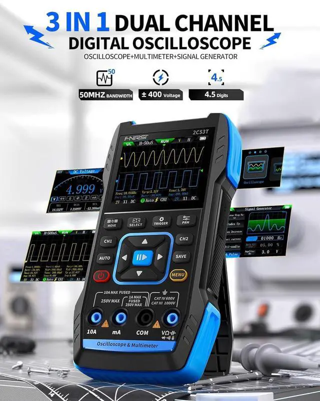 Alt view image 3 of 7 - 2C53T Upgraded Handheld Oscilloscope, 50MHz Bandwidth, 250MS/s Sampling Rate, 20000 Counts, 3IN1 Digital Oscilloscope Multimeter DDS Generator, Voltage, Current, Capacitor, Resistor, Diode Test