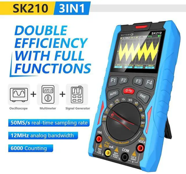 Alt view image 2 of 7 - SK210 Digital Oscilloscope Multimeter, 50Msp Sampling, 12MHz Bandwidth, 6000-Count True RMS, 2.4" Color Display, Waveform Generator, Auto/Manual Range, Overload Protection