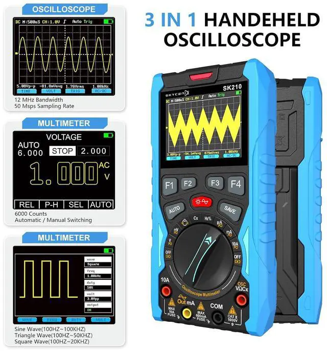 Alt view image 3 of 7 - SK210 Digital Oscilloscope Multimeter, 50Msp Sampling, 12MHz Bandwidth, 6000-Count True RMS, 2.4" Color Display, Waveform Generator, Auto/Manual Range, Overload Protection