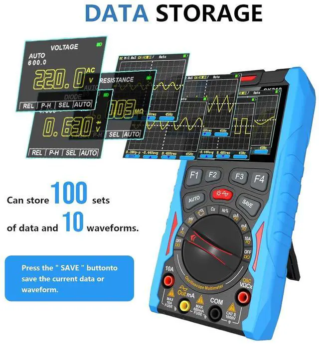 Alt view image 5 of 7 - SK210 Digital Oscilloscope Multimeter, 50Msp Sampling, 12MHz Bandwidth, 6000-Count True RMS, 2.4" Color Display, Waveform Generator, Auto/Manual Range, Overload Protection