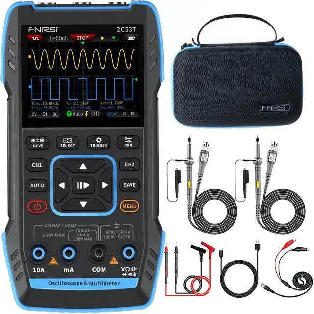 Main image of 2C53T 3-in-1 Handheld oscilloscope multimeter DDS Generator, 2 Channel, 50MHz Bandwidth, 250MSa/s Sampling Rate, 20,000 calculations, Voltage, Current, capacitance, Resistance, 2* P6100 Probes