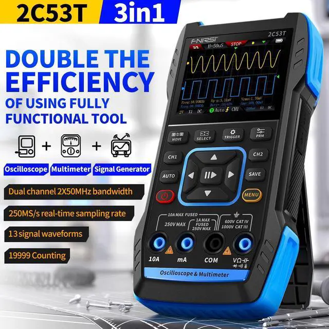 Alt view image 2 of 7 - 2C53T 3-in-1 Handheld oscilloscope multimeter DDS Generator, 2 Channel, 50MHz Bandwidth, 250MSa/s Sampling Rate, 20,000 calculations, Voltage, Current, capacitance, Resistance, 2* P6100 Probes
