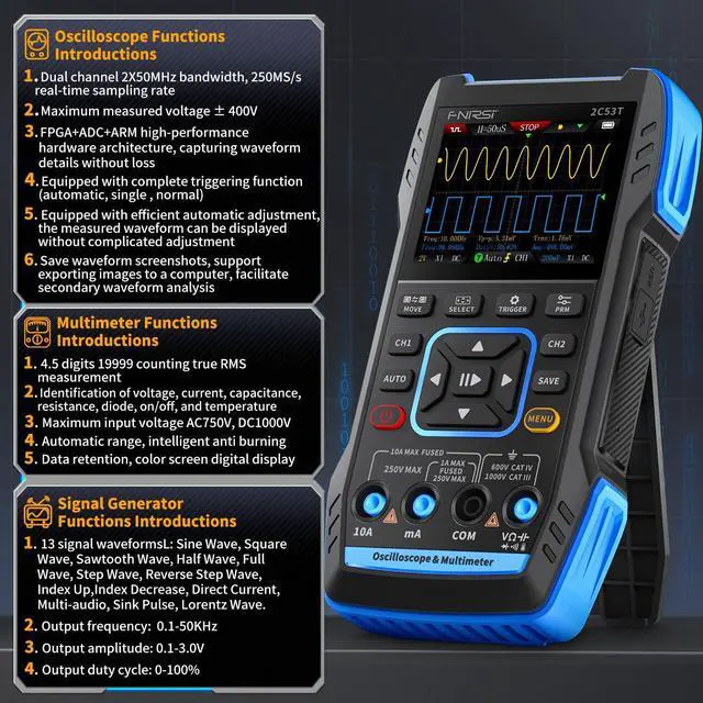 Alt view image 7 of 7 - 2C53T 3-in-1 Handheld oscilloscope multimeter DDS Generator, 2 Channel, 50MHz Bandwidth, 250MSa/s Sampling Rate, 20,000 calculations, Voltage, Current, capacitance, Resistance, 2* P6100 Probes