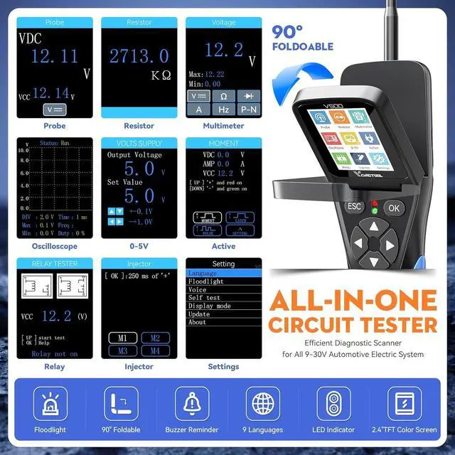 Alt view image 3 of 7 - V500 Automotive Power Circuit Probe Tester Kit, 9-30V Car Electric Circuit Tester, Short/Open Circuit Finder, Oscilloscope/Multimeter/Injector/Relay Tester, Component/Fuse/Trailer/AC/DC Test