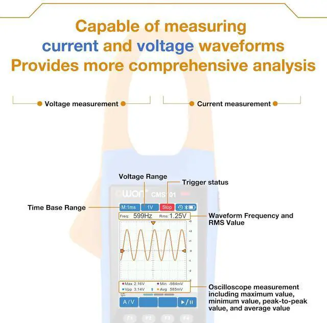 Alt view image 6 of 7 - Clamp Meter 1000V AC/DC Voltage Tester 1000A Current Test with 1MHz Oscilloscope Multimeter 3 in 1 Functions Clamp Meter with 2.8-inch IPS LCD Display ( CMS101)