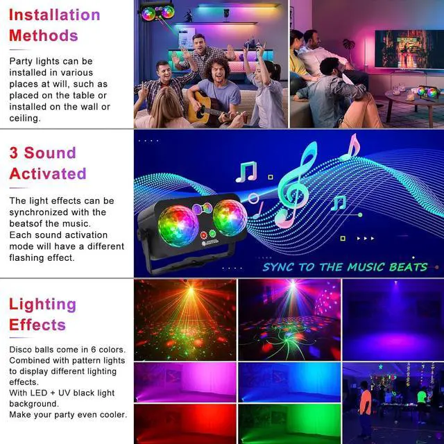 Alt view image 3 of 6 - Party Lights Dj Disco Ball Light with 10 ft USB Cable 5V/3A Sound Activated Strobe Stage Lighting for Parties Indoor Dance Bar Club Birthday Karaoke Halloween Christmas New Years Rave Show