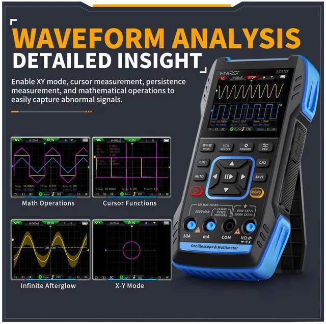 Alt view image 4 of 7 - 2C53T 3-in-1 Handheld oscilloscope multimeter DDS Generator, 2 Channel, 50MHz Bandwidth, 250MSa/s Sampling Rate, 20,000 calculations, Voltage, Current, capacitance, Resistance, 2* P6100 Probes