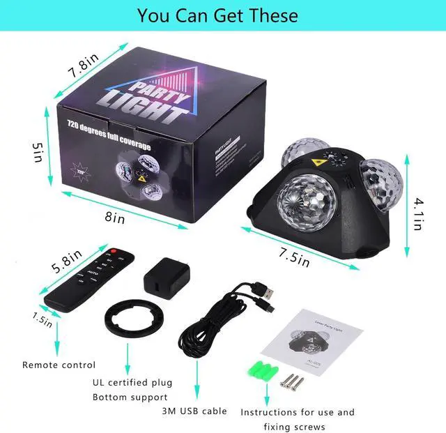 Alt view image 4 of 6 - 4 in 1 Disco Ball DJ Party Lights, 3 RGB Disco Lights+Red and Green Pattern Lamp Strobe Lighting for Home Room Dance Parties Birthday Karaoke Halloween Christmas Wedding Show Club Decorations