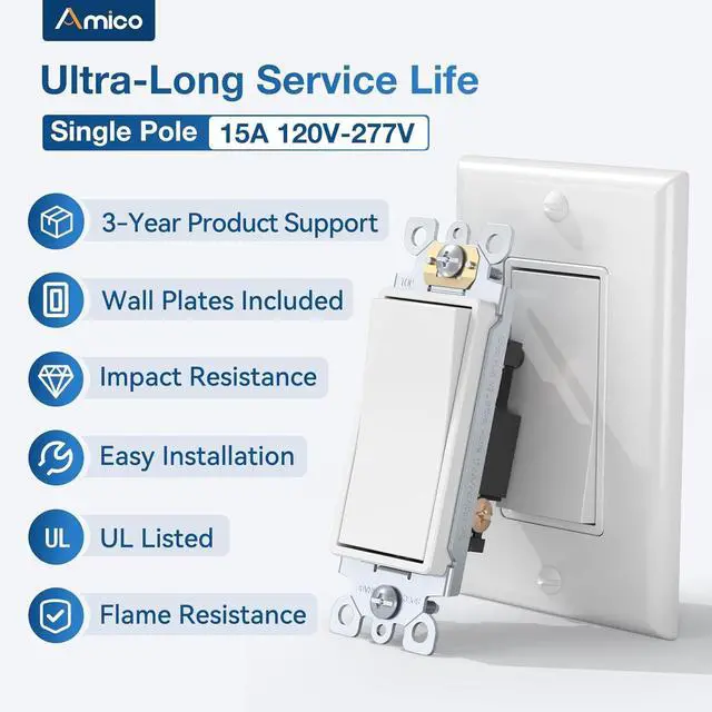 Alt view image 2 of 7 - 30 Pack Single Pole Light Switch with Wall Plate, UL Listed, 15A 120/277V, On/Off Rocker Paddle Interrupter Wall Switch, Grounding Screw, Residential Grade, Suitable for Home and Business, White