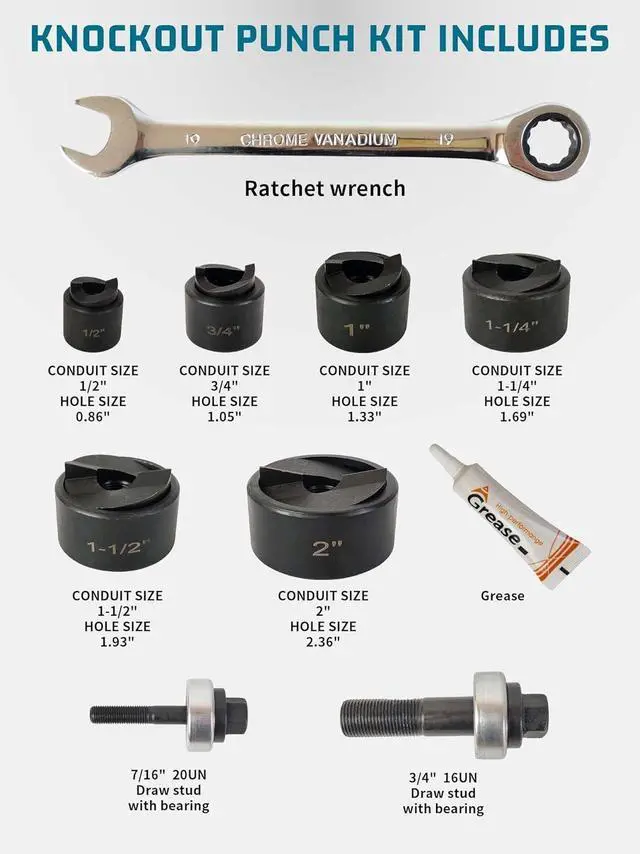 Alt view image 3 of 6 - Manual Knockout Hole Punch Driver Kit 1/2 to 2 inch Electrical Conduit Hole Cutter Set - Professional KO Tool Kit for Precise Conduit Hole Sizes (1/2"~2")