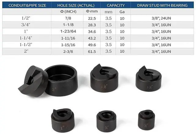 Alt view image 2 of 4 - Ratchet Knockout Punch Set, 6 Dies 1/2" to 2", Ratchet KO Tool Kit for Electrical Conduit, Hole Cutter Driver Kit with Wrench & Accessories